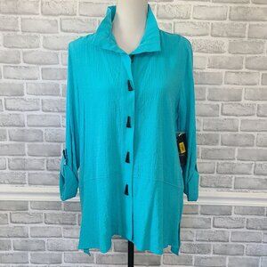 Ali Miles Aqua Blue Tunic Blouse Top Toggle Buttons NEW M Resort Beach Dopamine
